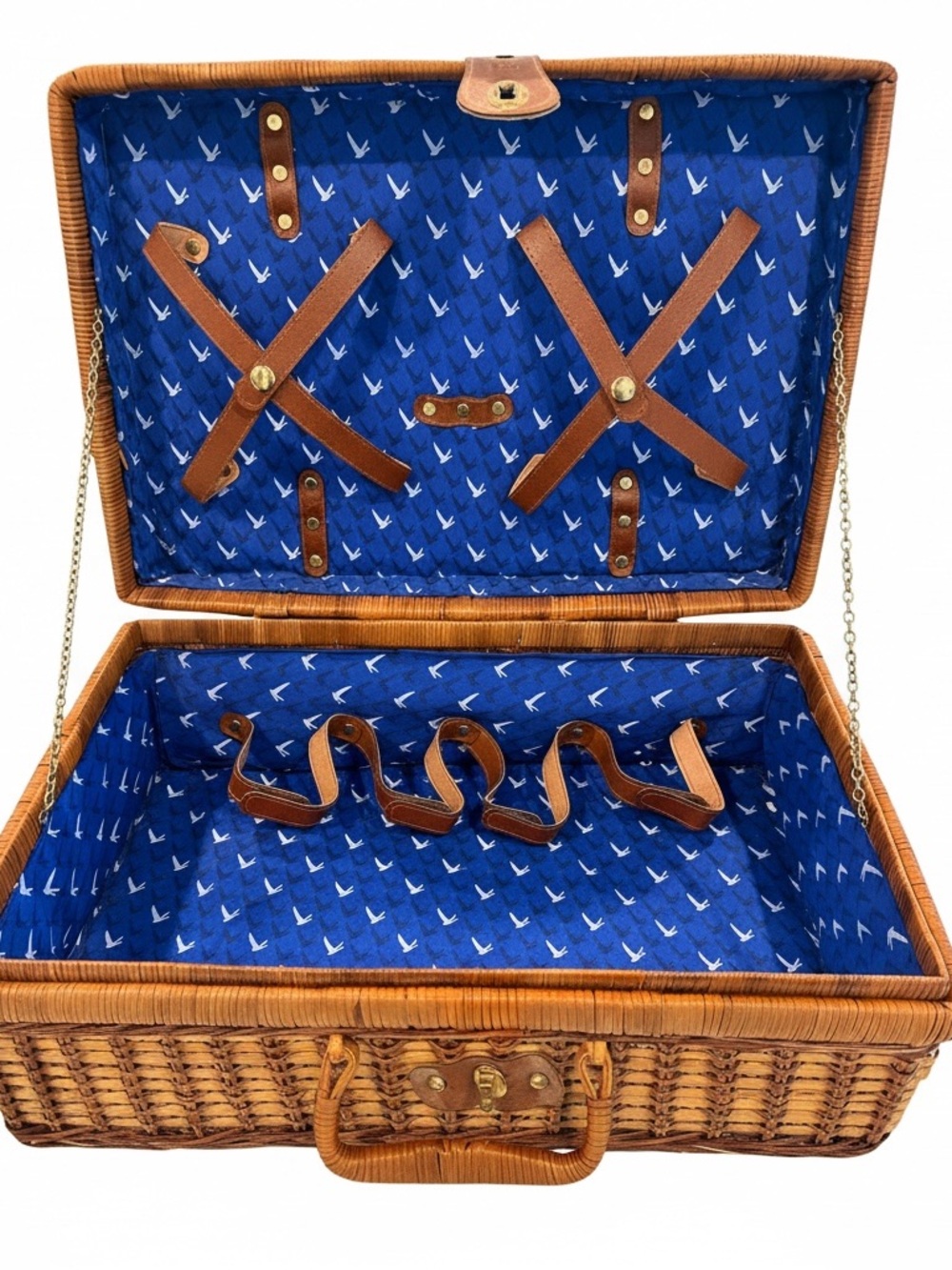 Wicker Picnic Basket with Blue Lined Interior